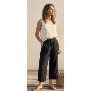 Calme Johnny Was Black Drawstring Gauze Cropped Pants Pockets M Lightweight